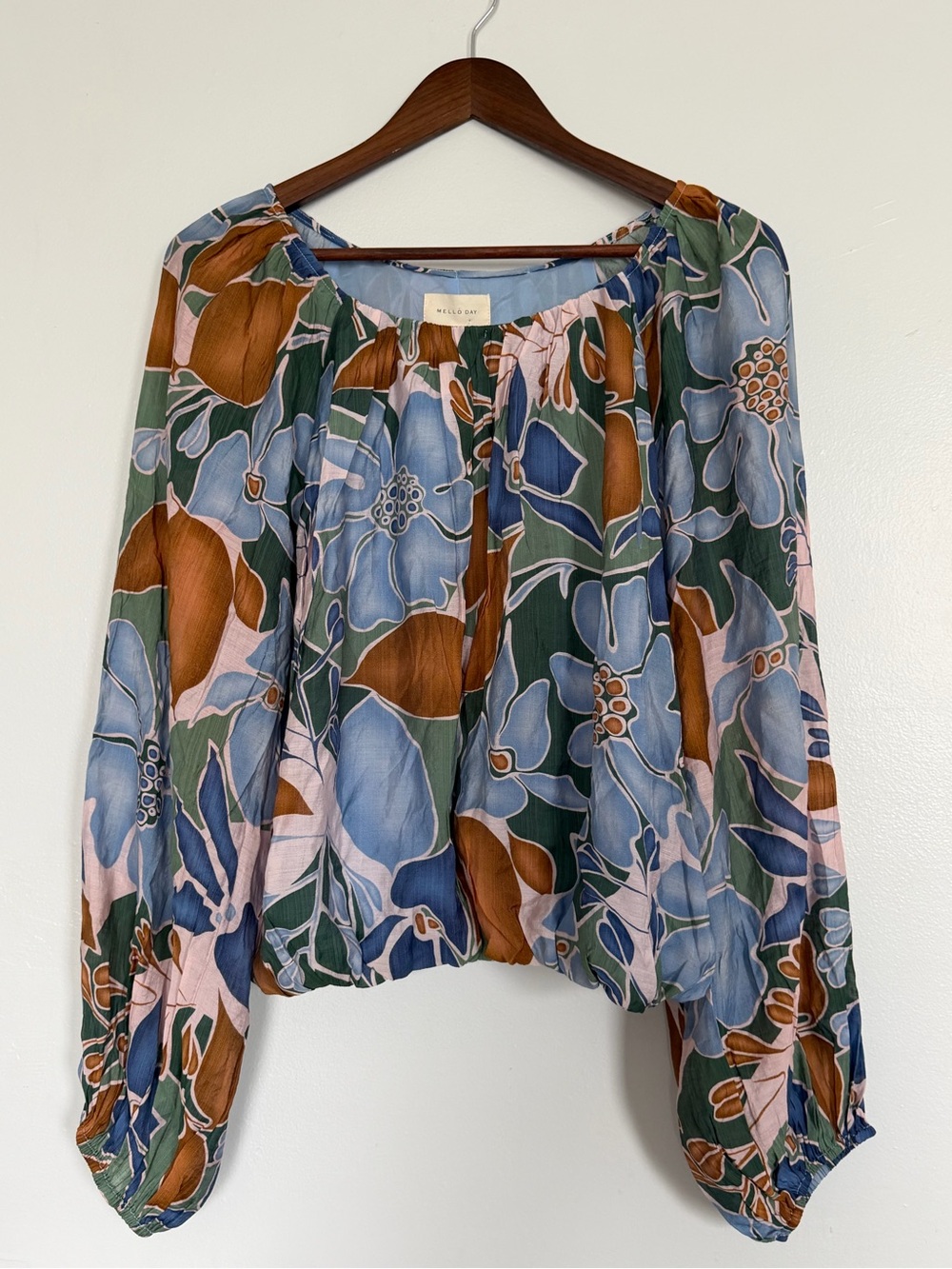 MELLODAY Floral Peasant Blouse - Blue, Brown & Green